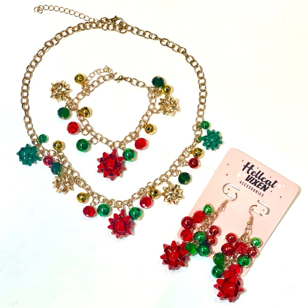 Vintage Chrismtas Gift wrap Bow & Bell Charm Necklace Bracelet Drop Earrings Set